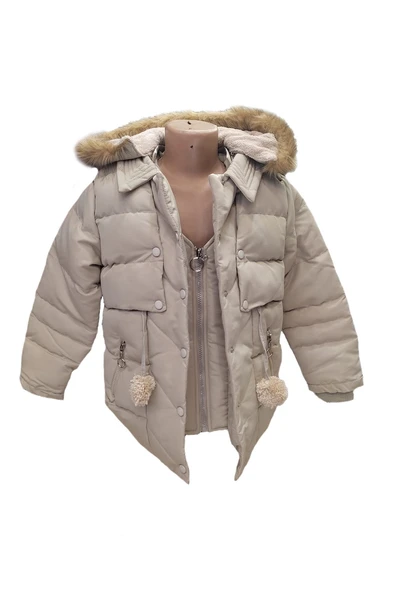 Kız Çocuk Önü Fermuarlı ve Çıt Çıtlı Ponpon Detaylı Çıkarılabilir Tüylü Kapüşonlu Peluş Astarlı Mont 3018