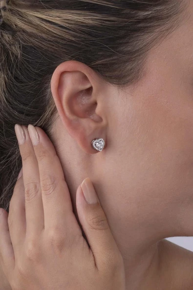 Gümüş Pazarım Beyaz Altın Kaplama Kalp Kadın Gümüş Küpe - 3