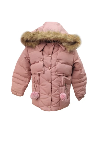 Kız Çocuk Önü Fermuarlı ve Çıt Çıtlı Ponpon Detaylı Çıkarılabilir Tüylü Kapüşonlu Peluş Astarlı Mont 3018 - 5