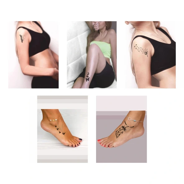 Kuşlar Ve Tüyler 5'li Set Geçici Dövme Kına Şablonu - Resim 2