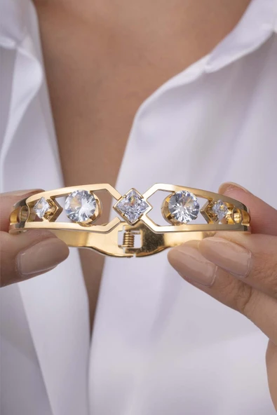 Gümüş Pazarım Elmas Model Altın Kaplama Kadın Çelik Kelepçe Bileklik - Resim 3