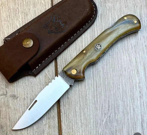 El Yapımı Koç Boynuzu Kabze 4116 Çelik Deri Kılıflı Cep Çakısı ürün görseli