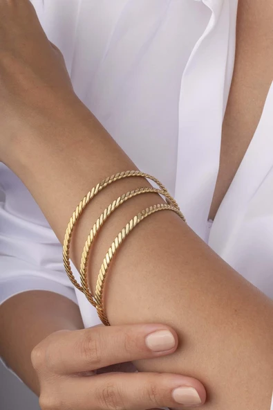 Gümüş Pazarım Altın Kaplama Çelik Üçlü Burma Kadın Bilezik - Resim 3