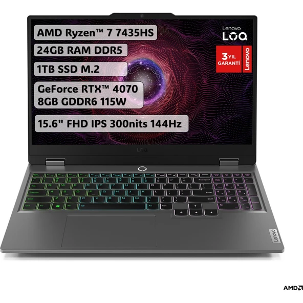 LOQ AMD Ryzen 7 7435HS 24GB 1TB SSD RTX4070 Freedos 15.6" FHD Taşınabilir Bilgisayar 83JC00F6TR ürün görseli