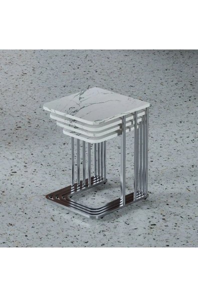 TEKERLEKLİ GÜMÜŞ AYAKLI 4 LÜ ZİGON SEHPA TAKIMI, YAN SEHPA, ÇAY SEHPASI SERVİS SEHPASI-BEYAZ MERMER