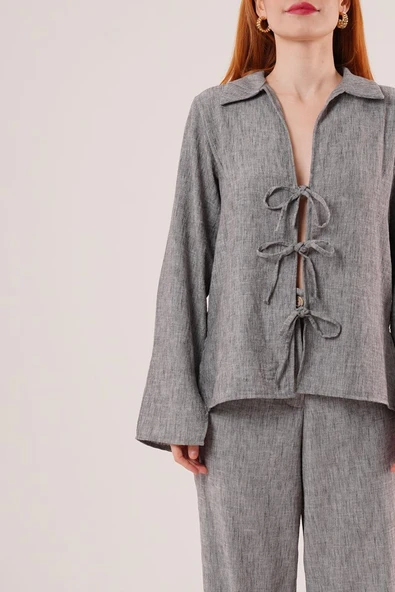 Ön Bağlama Detaylı Pantolon Ve Gömlek Antrasit İkili Takım - 3