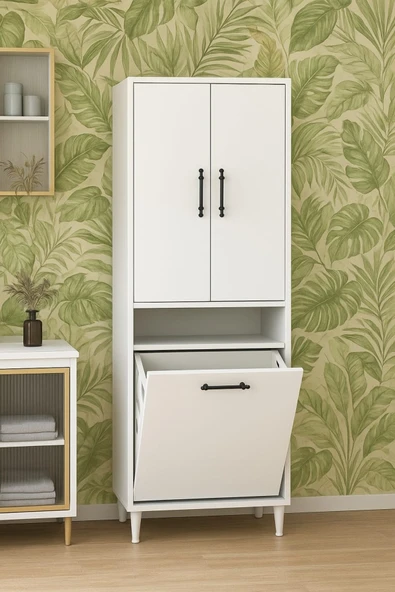 Kirli Sepetli 2 Kapaklı 3 Raflı Çok Amaçlı Ahşap Banyo Dolabı, Banyo Düzenleyici Çamaşır Sepeti - 4