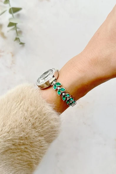 Dienna Gri Kasa Yeşil Taşlı Kadın Kol Saati - Resim 2