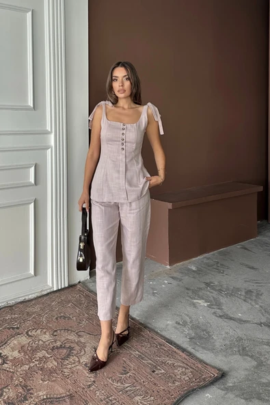 ŞANTUK KETEN YELEK GÖRÜNÜMLÜASKILI BLUZ - PANTOLON TK - Lila - 3