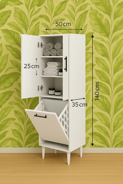 Kirli Sepetli 2 Kapaklı 3 Raflı Çok Amaçlı Ahşap Banyo Dolabı, Banyo Düzenleyici Çamaşır Sepeti - 2