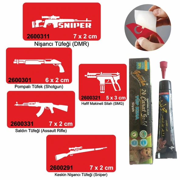 Silah Desen Serisi Hint Kınası ile Geçici Dövme Yapma Seti ürün görseli 1