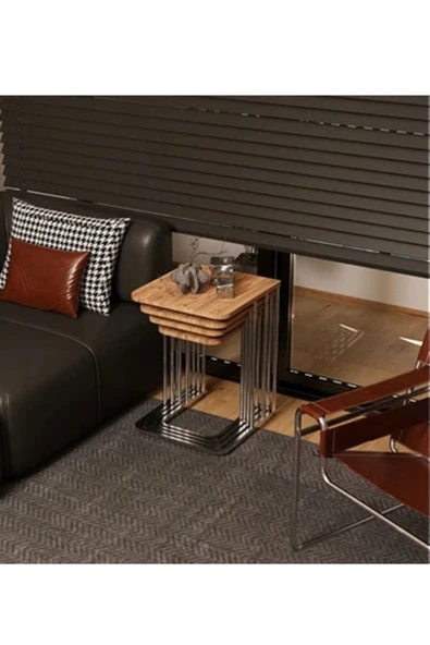 TEKERLEKLİ GÜMÜŞ AYAKLI 4 LÜ ZİGON SEHPA TAKIMI, YAN SEHPA, ÇAY SEHPASI SERVİS SEHPASI - KAHVERENGİ