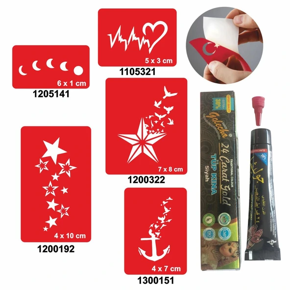 Kalp ve Yıldız Desenleri Hint Kınası ile Geçici Dövme Yapma Seti ürün görseli 1