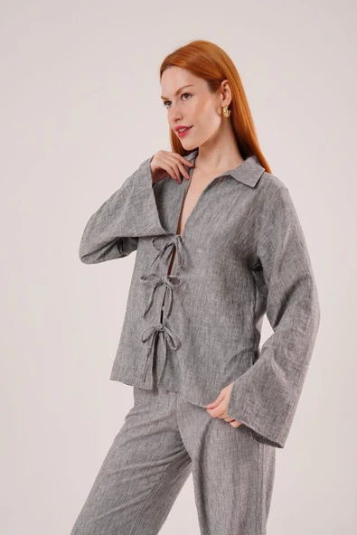 Ön Bağlama Detaylı Pantolon Ve Gömlek Antrasit İkili Takım - 2