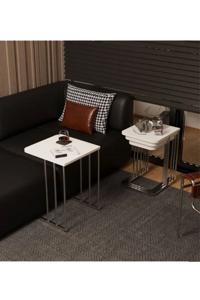 TEKERLEKLİ GÜMÜŞ AYAKLI 4 LÜ ZİGON SEHPA TAKIMI, YAN SEHPA, ORTA SEHPA, ÇAY SEHPASI SERVİS SEHPASI -BEYAZ - 2