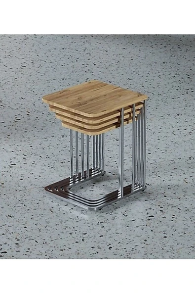 TEKERLEKLİ GÜMÜŞ AYAKLI 4 LÜ ZİGON SEHPA TAKIMI, YAN SEHPA, ÇAY SEHPASI SERVİS SEHPASI - KAHVERENGİ - 3