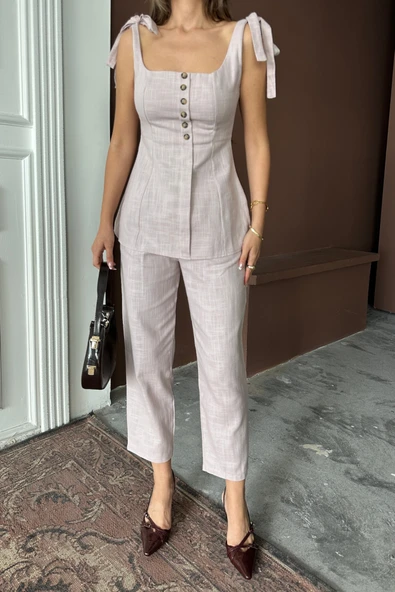 ŞANTUK KETEN YELEK GÖRÜNÜMLÜASKILI BLUZ - PANTOLON TK - Lila - 2