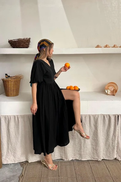 Siyah Müslin Uzun Elbise - 4