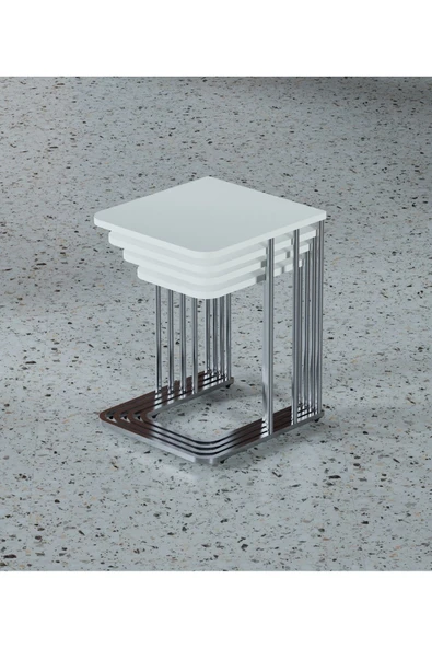 TEKERLEKLİ GÜMÜŞ AYAKLI 4 LÜ ZİGON SEHPA TAKIMI, YAN SEHPA, ORTA SEHPA, ÇAY SEHPASI SERVİS SEHPASI -BEYAZ