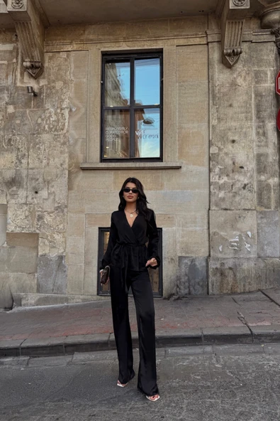 SATEN KRUVAZE BAĞLAMALI BLUZ- PANTOLON TAKIM - Siyah ürün görseli