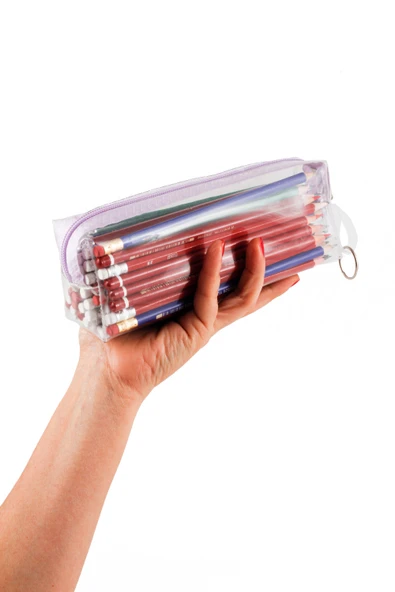 2 ADET PVC Kalemlik Fermuarlı Şeffaf Makyaj Çantası Kalem Kutusu Mor Lila - Resim 5