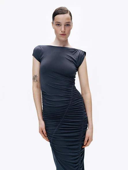 Drapeli Büzgülü Maxi Abiye Elbise Nocturne - 2