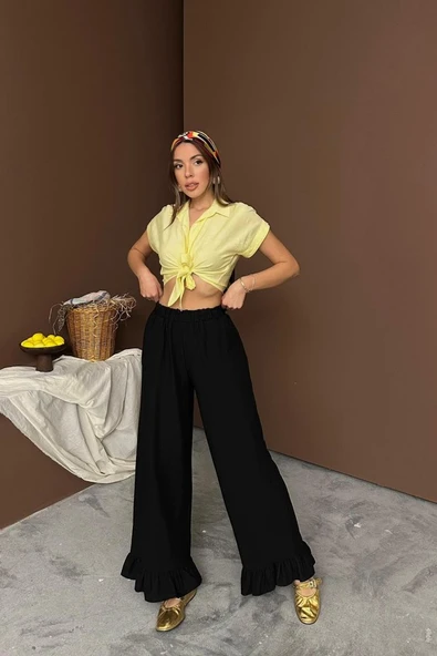 Siyah Paçası Fırfırlı Keten Pantolon - 3