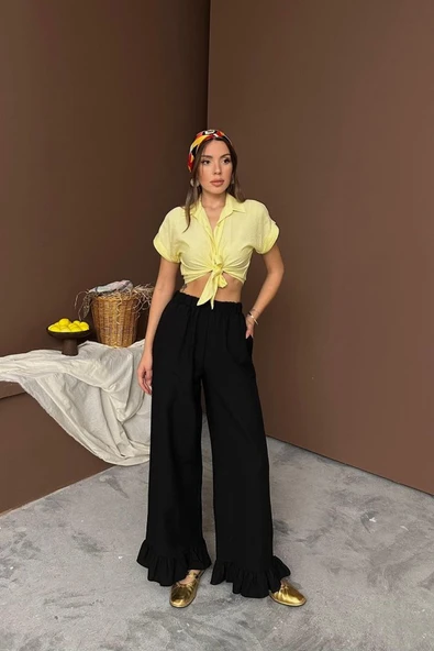 Siyah Paçası Fırfırlı Keten Pantolon