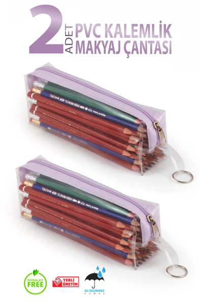 2 ADET PVC Kalemlik Fermuarlı Şeffaf Makyaj Çantası Kalem Kutusu Mor Lila ürün görseli