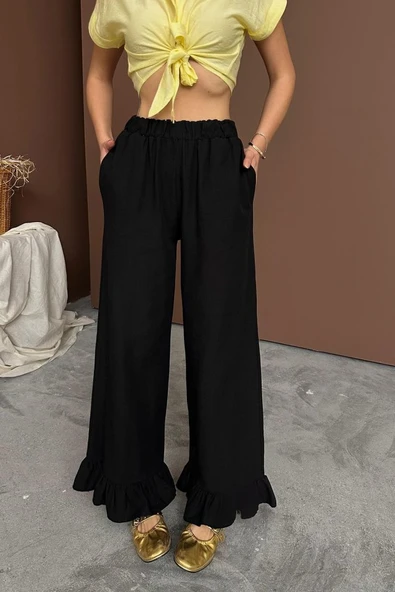 Siyah Paçası Fırfırlı Keten Pantolon - 4