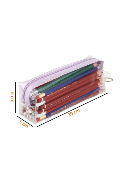 2 ADET PVC Kalemlik Fermuarlı Şeffaf Makyaj Çantası Kalem Kutusu Mor Lila - Resim 7