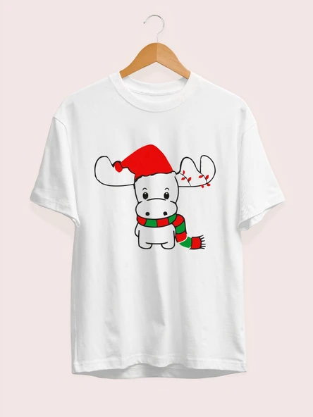 Ren Geyiği Baskılı Noel İçin T-shirt - Beyaz - 2