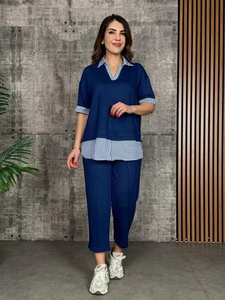 Kadın Modal Kumaş çizgili Gömlek Yaka Ikili Takım ürün görseli
