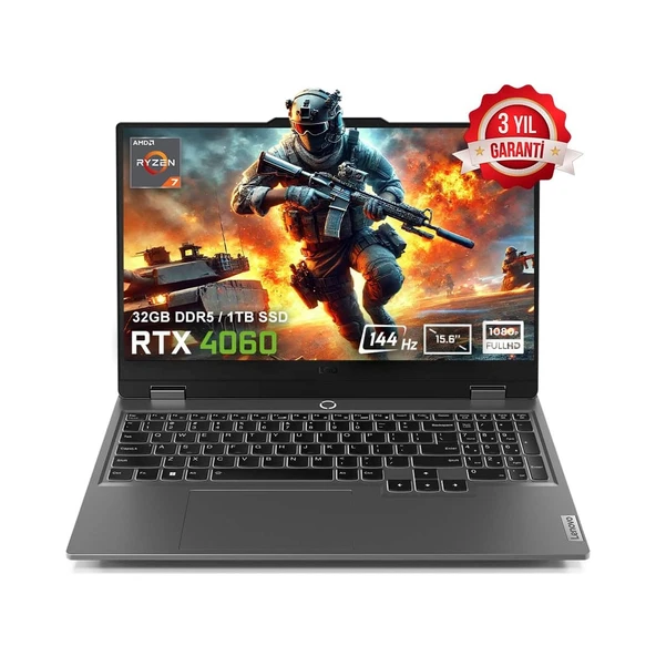 LOQ 15ARP9 83JC00FKTRv2 AMD Ryzen 7-7435HS 32GB DDR5 1TB SSD RTX4060 8GB 15.6 inç 144Hz Full HD FreeDos Gaming Laptop ürün görseli