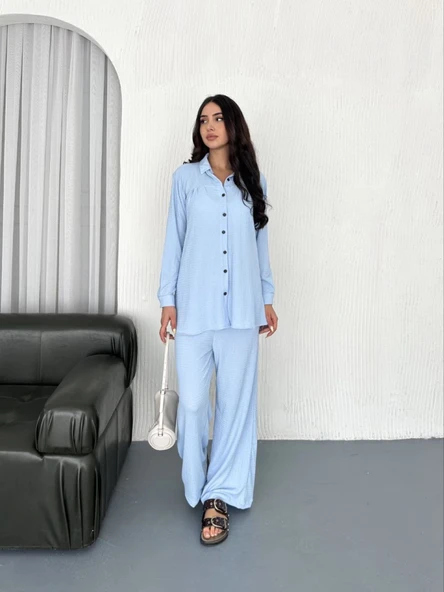Yakalı Düğmeli Uzun Kollu Gömlek Pantolon Ikili Takım - Bebek Mavisi - 3