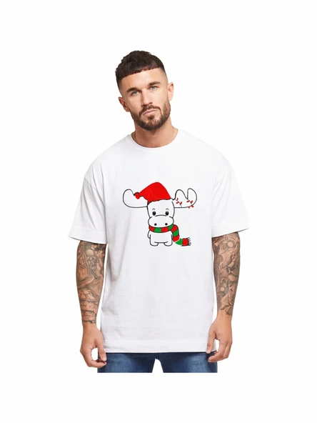 Ren Geyiği Baskılı Noel İçin T-shirt - Beyaz - 1