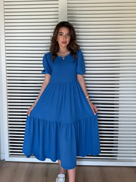 Kadın Kısa Kollu Yakası Açık Katlı Bürümcük Balon Elbise - 4