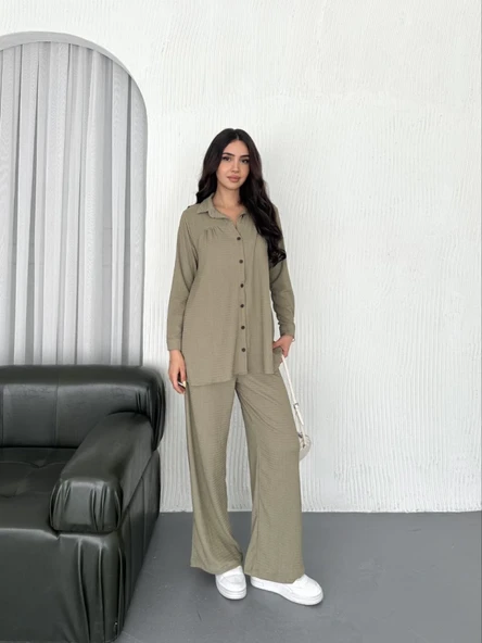 Yakalı Düğmeli Uzun Kollu Gömlek Pantolon Ikili Takım - Bej - 4