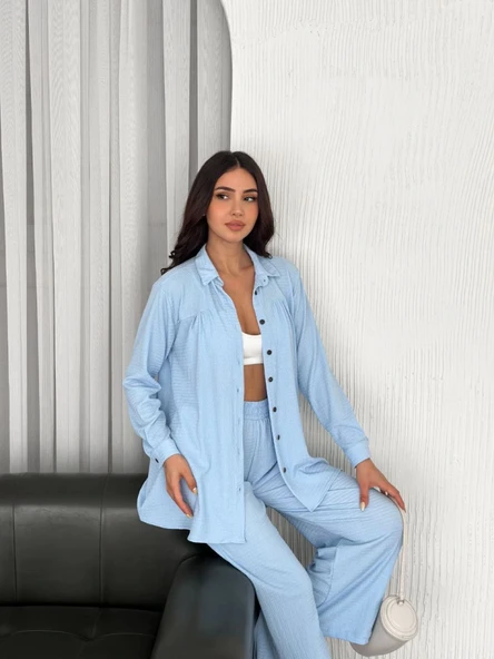 Yakalı Düğmeli Uzun Kollu Gömlek Pantolon Ikili Takım - Bebek Mavisi - 4