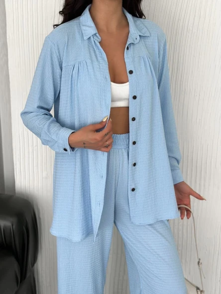 Yakalı Düğmeli Uzun Kollu Gömlek Pantolon Ikili Takım - Bebek Mavisi - 2
