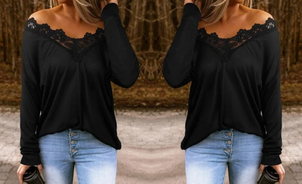 Kadın Uzun Kollu Yaka Güpür Detay Viskon Bluz - 3