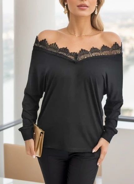 Kadın Uzun Kollu Yaka Güpür Detay Viskon Bluz - 5