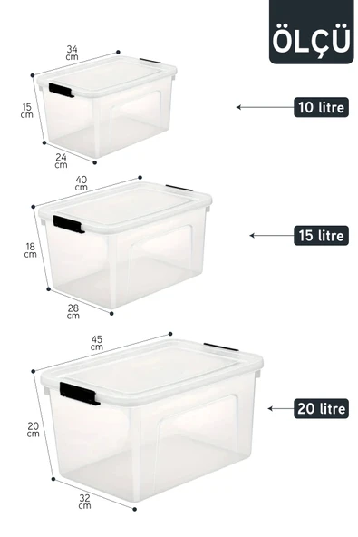 İronika 3'lü Saklama Kabı Yatay Dikdörtgen Kilitli Kapaklı Çok Amaçlı Oyuncak Saklama Kutusu 10-15-20 Litre - 7