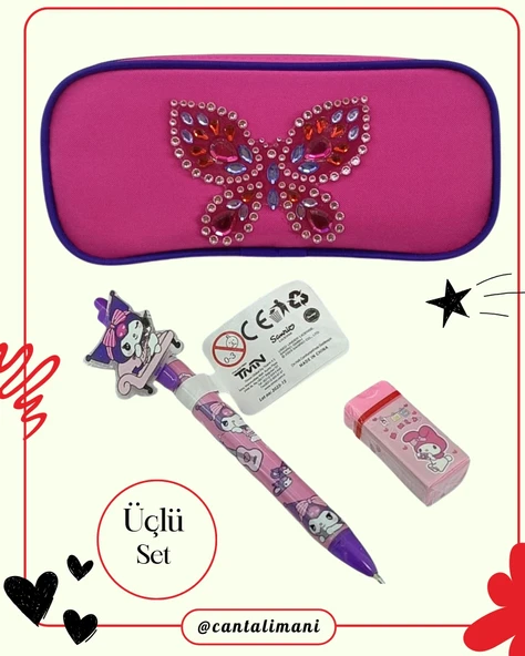 Kuromi Pembe Versatil Kalem, Silgi ve Kelebek Kabartmalı Kalem Çantası Seti  (Üçlü Set)