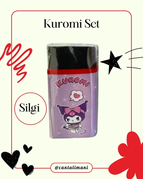 Kuromi Siyah Versatil Kalem, Silgi ve Kelebek Kabartmalı Kalem Çantası Seti  (Üçlü Set) - Resim 3