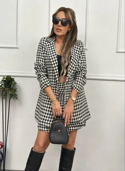 Kadın Kazayağı Desen Vatka Detay Kaban Ve Yüksek Bel Etek Ikili Takım - 7