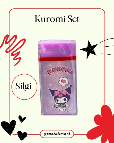 Kuromi Mor Versatil Kalem, Silgi ve Kalp Kabartmalı Kalem Çantası Seti (Üçlü Set) - 3