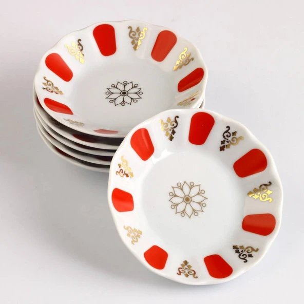 Porland 6 Kişilik Porselen Kahveci Çay Tabağı - Kırmızı Gold ürün görseli 1