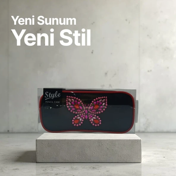 Style Kabartmalı Kelebek Desenli Siyah Kumaş Kalem Çantası - 4