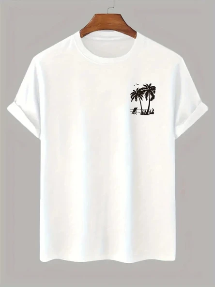 Baskılı Oversize Bisiklet Yaka T-shirt - Beyaz - 1